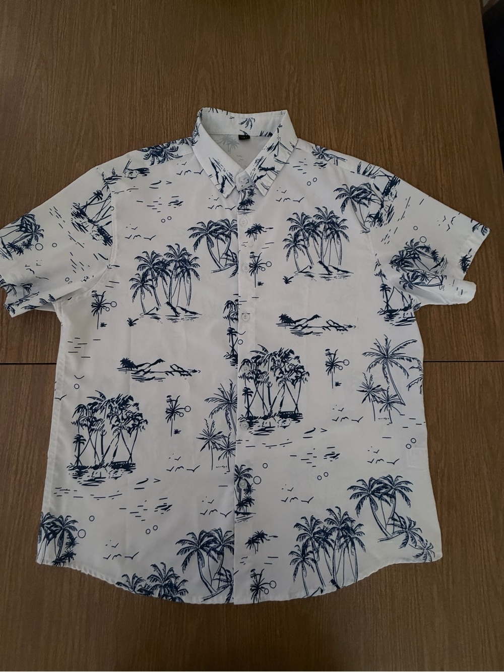 Men's White Short-Sleeve Button-Down Shirt with Navy Island Print